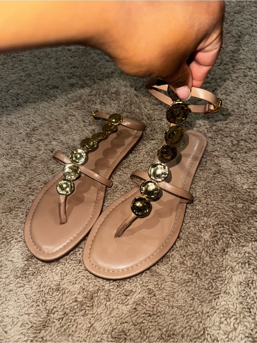 Zara Nude Tan T-Strap Sandals with Gold Coin Detail
